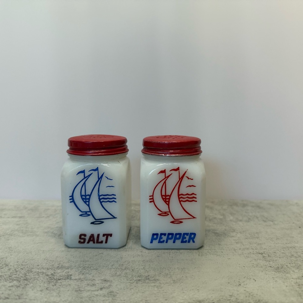 Vintage McKee sailboat milk glass salt & pepper shakers red lids